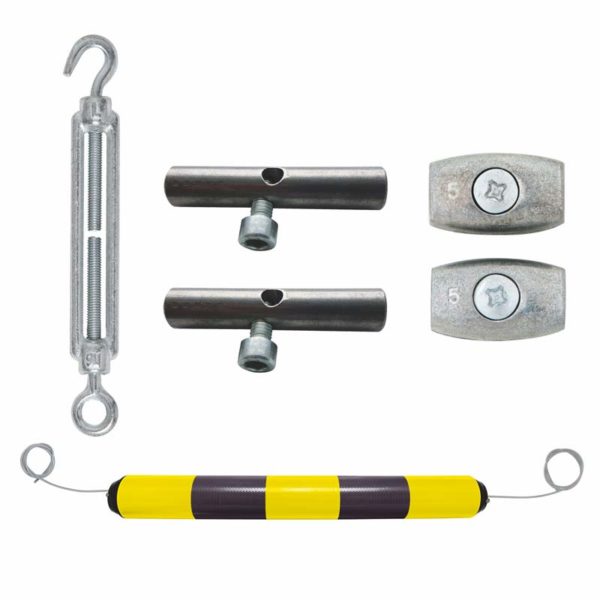 LeitPin-Boje in schwarz/gelb reflektierend | Lieferumfang Zylinder, Stahlseil, Klemmen, Höhenfixierung und Spannschloss