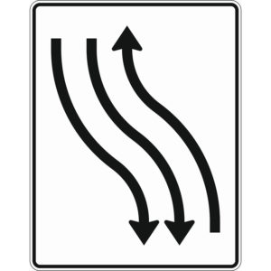 Verkehrszeichen 512-11 Verschwenkungstafel mit Gegenverkehr, Verschwenkung nach links 1-streifig in Fahrtrichtung links und 2-streifig in Gegenrichtung | gemäß StVO