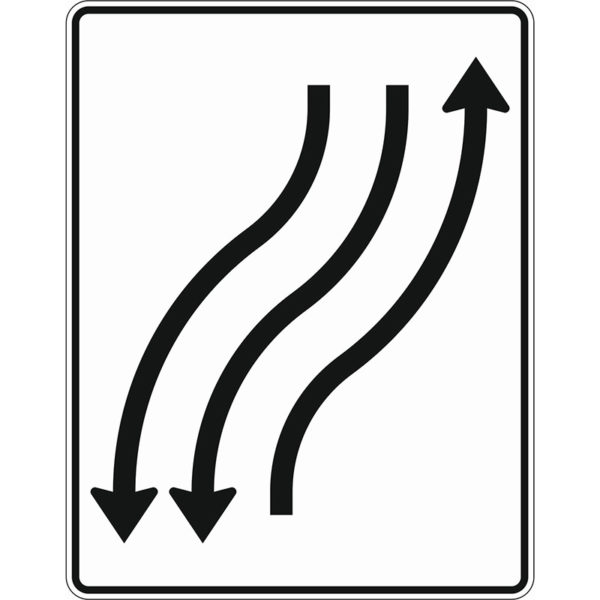 Verkehrszeichen 512-21 Verschwenkungstafel mit Gegenverkehr, Verschwenkung nach rechts 1-streifig in Fahrtrichtung und 2-streifig in Gegenrichtung | gemäß StVO