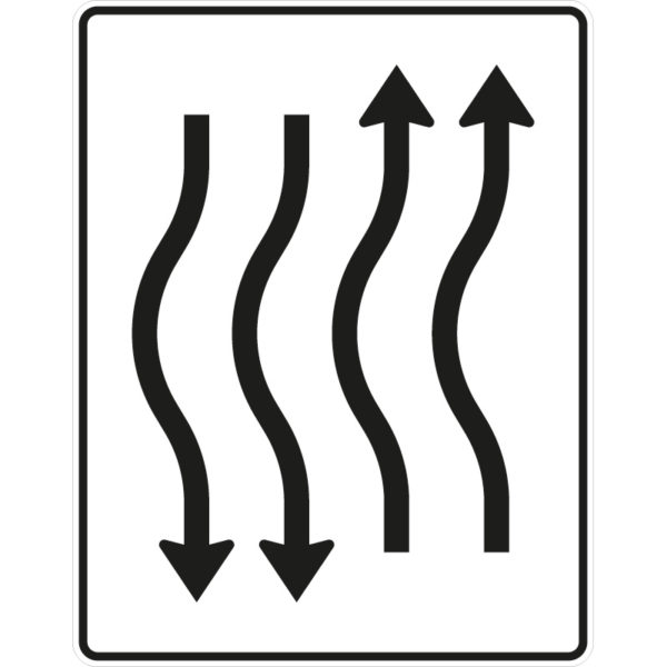 Verkehrszeichen 514-14 Verschwenkungstafel kurze Verschwenkung mit Gegenverkehr nach links, 2-streifig in Fahrtrichtung und 2-streifig in Gegenrichtung | gemäß StVO
