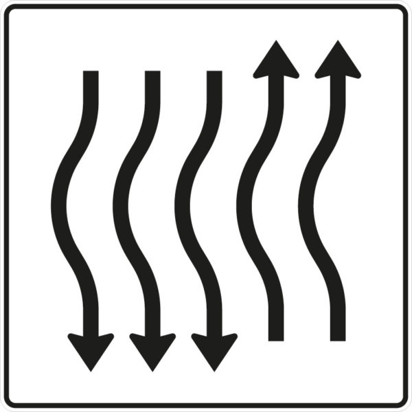 Verkehrszeichen 514-17 Verschwenkungstafel kurze Verschwenkung mit Gegenverkehr nach links, 2-streifig in Fahrtrichtung und 3-streifig in Gegenrichtung | gemäß StVO