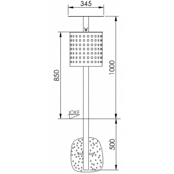 Standabfallbehälter - halbrund - mit Dach und gelochtem Behälter | Skizze Front