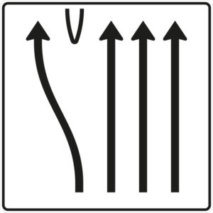 Verkehrszeichen 501-19 Überleitungstafel ohne Gegenverkehr, 4-streifig, davon linker Fahrstreifen nach links übergeleitet und die 3 rechten Fahrstreifen geradeaus | gemäß StVO