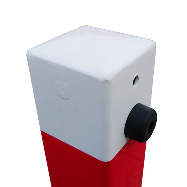 Absperrpfosten 70 x 70 mm, umlegbar, rot-weiß | Stahlkappe aufgeschweißt, Gummistopper