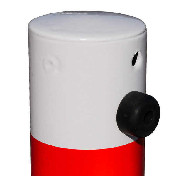Absperrpfosten Ø 76 mm, umlegbar, rot-weiß | Kappe aufgeschweißt, Gummistopper