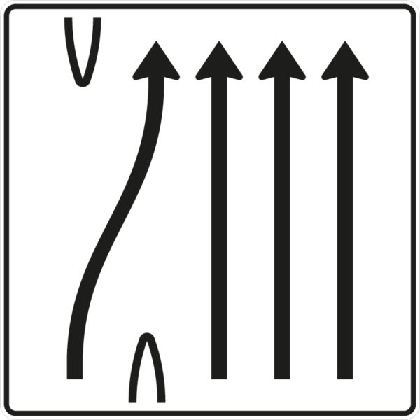 Verkehrszeichen 501-29 Überleitungstafel ohne Gegenverkehr 4-streifig, davon linker Fahrstreifen nach rechts übergeleitet und die drei rechten Fahrstreifen geradeaus | gemäß StVO