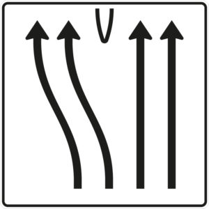 Verkehrszeichen 501-50 Überleitungstafel ohne Gegenverkehr, 4-streifig, davon die bein linken Fahrstreifen nach links übergeleitet und die beiden rechten Fahrstreifen geradeaus | gemäß StVO