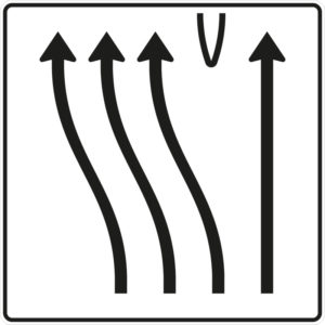Verkehrszeichen 501-51 Überleitungstafel ohne Gegenverkehr, 4-streifig, davon die 3 linken Fahrstreifen nach links übergeleitet und der rechte Fahrstreifen geradeaus | gemäß StVO