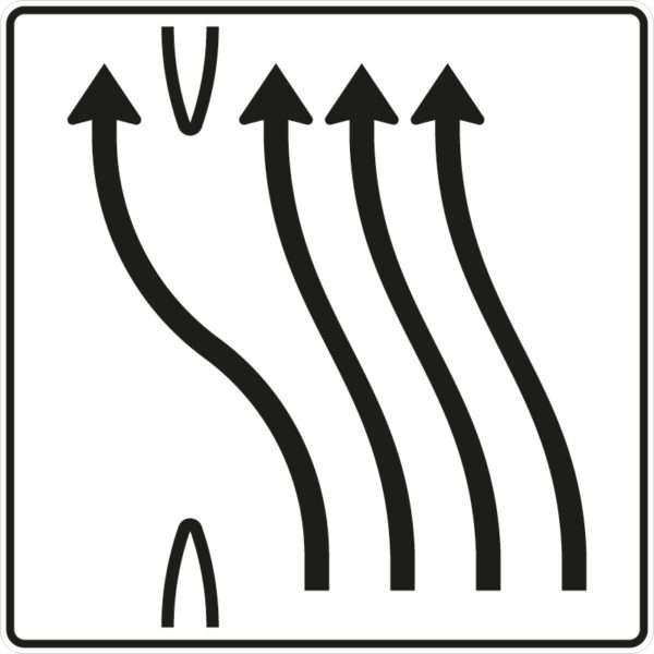 Verkehrszeichen 501-52 Überleitungstafel ohne Gegenverkehr, 4-streifig nach links, davon 1 Fahrstreifen übergeleitet | gemäß StVO