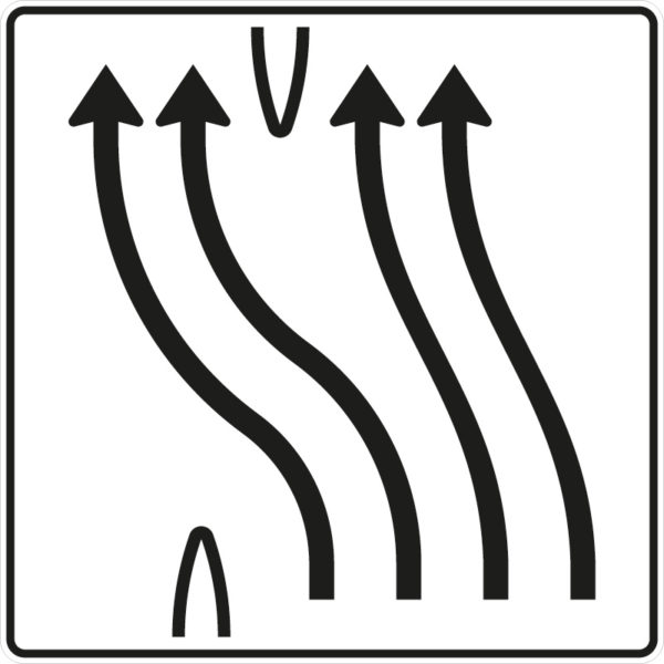 Verkehrszeichen 501-53 Überleitungstafel ohne Gegenverkehr, 4-streifig nach links, davon 2 Fahrstreifen übergeleitet | gemäß StVO