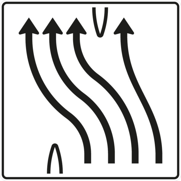 Verkehrszeichen 501-54 Überleitungstafel ohne Gegenverkehr, 4-streifig nach links, davon 3 Fahrstreifen übergeleitet | gemäß StVO