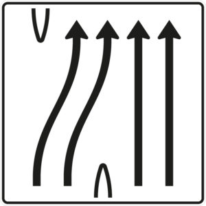 Verkehrszeichen 501-60 Überleitungstafel ohne Gegenverkehr, 4-streifig, davon die beiden linken Fahrstreifen nach rechts übergeleitet und die beiden rechten Fahrstreifen geradeaus | gemäß StVO