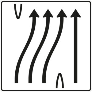 Verkehrszeichen 501-61 Überleitungstafel ohne Gegenverkehr, 4-streifig, davon die drei linken Fahrstreifen nach rechts übergeleitet und rechter Fahrstreifen geradeaus | gemäß StVO
