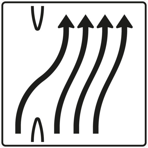 Verkehrszeichen 501-62 Überleitungstafel ohne Gegenverkehr, 4-streifig nach rechts, davon 1 Fahrstreifen übergeleitet | gemäß StVO