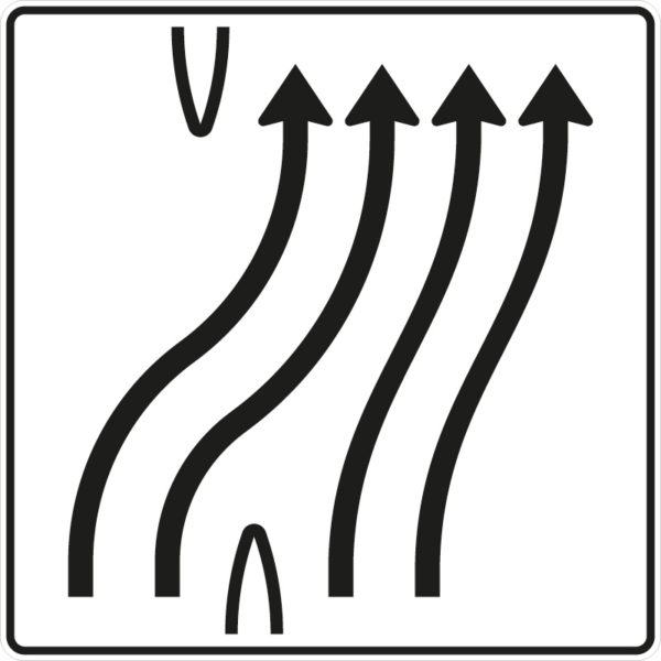 Verkehrszeichen 501-63 Überleitungstafel ohne Gegenverkehr, 4-streifig nach rechts, davon 2 Fahrstreifen übergeleitet | gemäß StVO