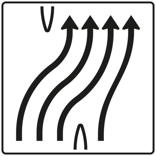 Verkehrszeichen 501-64 Überleitungstafel ohne Gegenverkehr, 4-streifig nach rechts, davon 3 Fahrstreifen übergeleitet | gemäß StVO