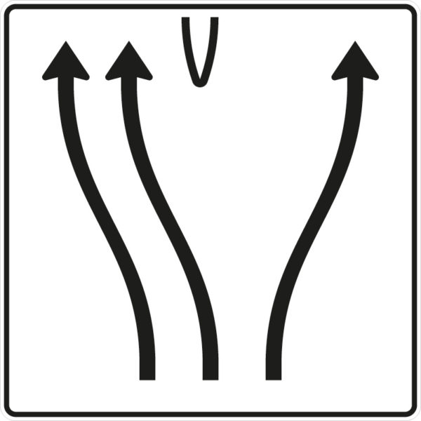Verkehrszeichen 501-72 Überleitungstafel ohne Gegenverkehr, 3-streifig, davon die beiden linken Fahrstreifen nach links übergeleitet und rechter Fahrstreifen nach rechts verschwenkt | gemäß StVO