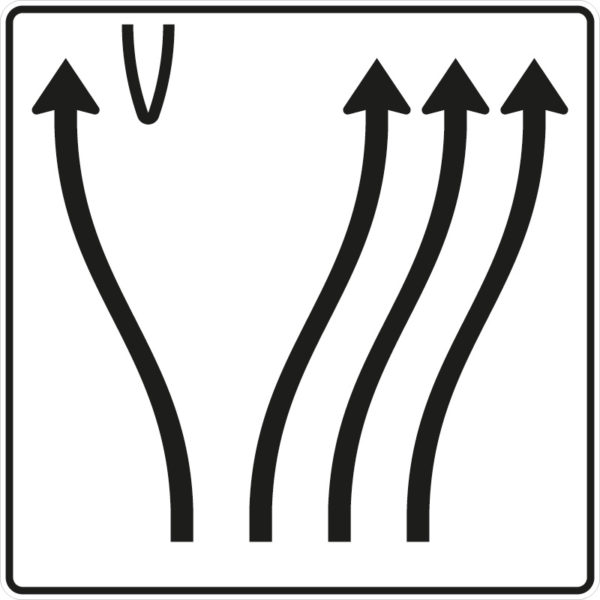 Verkehrszeichen 501-73 Überleitungstafel ohne Gegenverkehr, 4-streifig, davon linker Fahrstreifen nach links übergeleitet und die drei rechten Fahrstreifen nach rechts verschwenkt | gemäß StVO