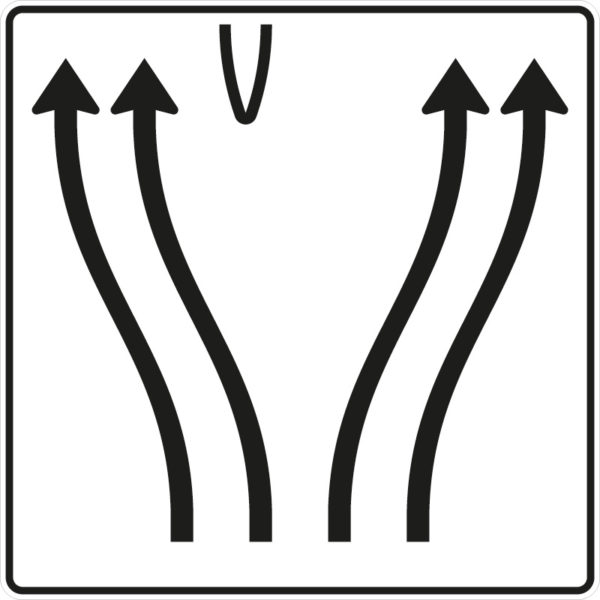Verkehrszeichen 501-74 Überleitungstafel ohne Gegenverkehr, 4-streifig, davon die beiden linken Fahrstreifen nach links übergeleitet und die beiden rechten Fahrstreifen nach rechts verschwenkt | gemäß StVO