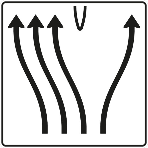 Verkehrszeichen 501-75 Überleitungstafel ohne Gegenverkehr, 4-streifig, davon die drei linken Fahrstreifen nach links übergeleitet und rechter Fahrstreifen nach rechts verschwenkt | gemäß StVO