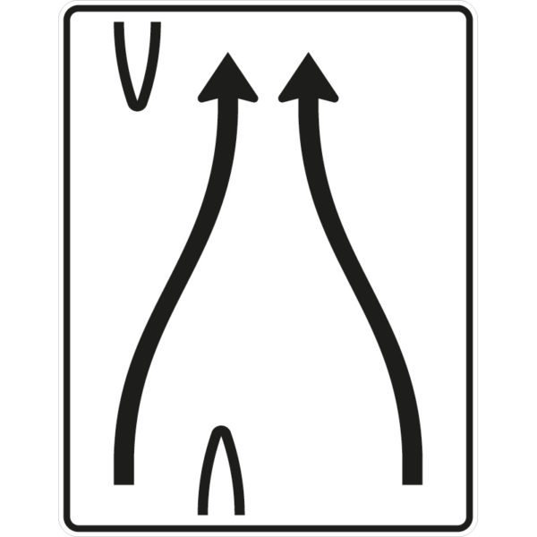 Verkehrszeichen 501-80 Überleitungstafel ohne Gegenverkehr, 2-streifig, davon linker Fahrstreifen nach rechts übergeleitet und rechter Fahrstreifen nach links verschwenkt | gemäß StVO