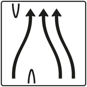 Verkehrszeichen 501-81 Überleitungstafel ohne Gegenverkehr, 3-streifig, davon linker Fahrstreifen nach rechts übergeleitet und die beiden rechten Fahrstreifen nach links verschwenkt | gemäß StVO