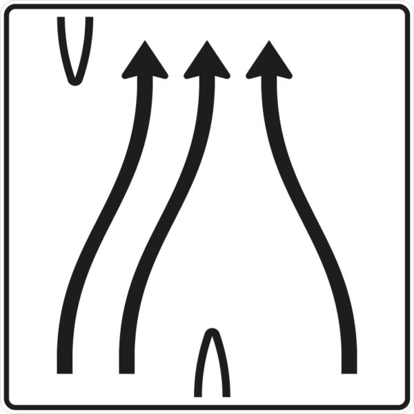 Verkehrszeichen 501-82 Überleitungstafel ohne Gegenverkehr, 3-streifig, davon die beiden linken Fahrstreifen nach rechts übergeleitet und rechter Fahrstreifen nach links verschwenkt | gemäß StVO