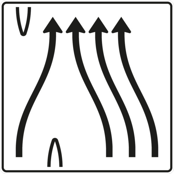 Verkehrszeichen 501-83 Überleitungstafel ohne Gegenverkehr, 4-streifig, davon linker Fahrstreifen nach rechts übergeleitet und die drei rechten Fahrstreifen nach links verschwenkt | gemäß StVO