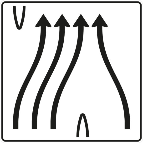 Verkehrszeichen 501-85 Überleitungstafel ohne Gegenverkehr, 4-streifig, davon die drei linken Fahrstreifen nach rechts übergeleitet und rechter Fahrstreifen nach links verschwenkt | gemäß StVO