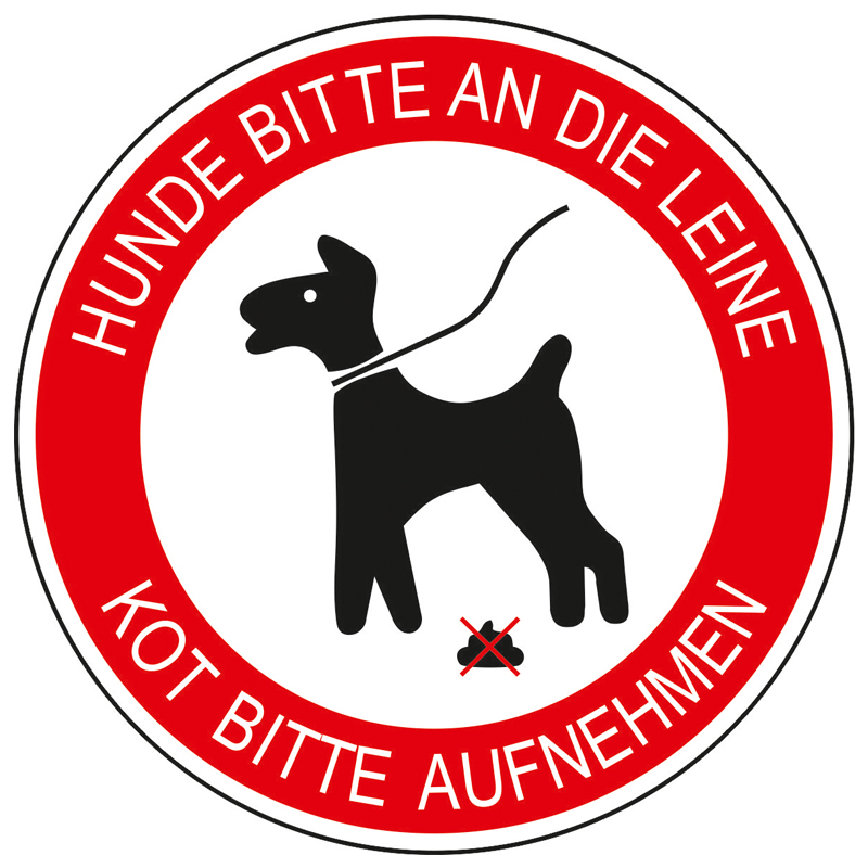 Hinweisschild für Hund Hunde bitte an die Leine / Kot bitte aufnehmen