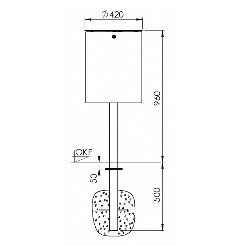 Standabfallbehälter am zweiteiligen Pfosten, Typ 7039-50 | Skizze Front