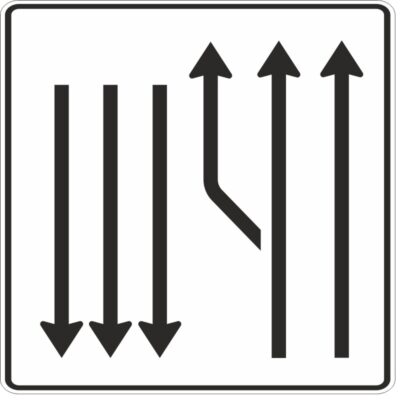 Verkehrszeichen 542-15 Aufweitungstafel mit Gegenverkehr, 2-streifig plus Fahrstreifen links und 3 Fahrstreifen in Gegenrichtung | gemäß StVO