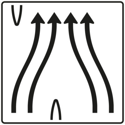 Verkehrszeichen 501-84 Überleitungstafel ohne Gegenverkehr, 4-streifig, davon die beiden linken Fahrstreifen nach rechts übergeleitet und die beiden rechten Fahrstreifen nach links verschwenkt | gemäß StVO