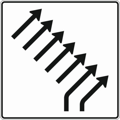 Verkehrszeichen 551-29 Zusammenführungstafel, an einmündender Strecke, 2-streifig einmündend plus 5-streifig durchgehend | gemäß StVO