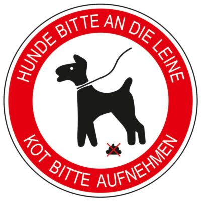 Hinweisschild Hunde bitte an die Leine / Kot bitte aufnehmen