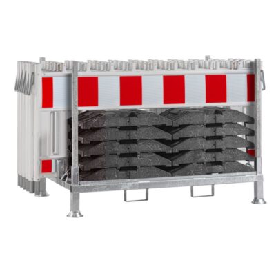 Kombigestell für 10 Absperrschrankengitter & 12 Fußplatten | Befüllt