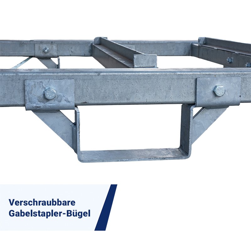 Kombigestell für 10 Absperrschrankengitter & 12 Fußplatten | Verschraubbare Gabelstapler-Bügel
