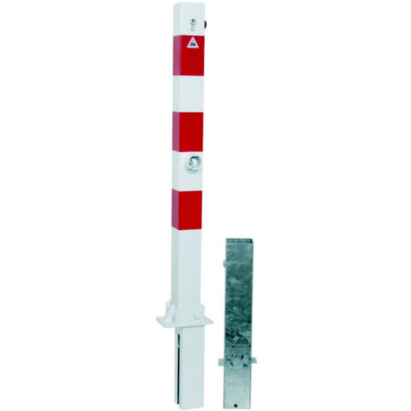 Absperrpfosten 70 x 70 mm, umlegbar und herausnehmbar | rot-weiß mit Bodenhülse