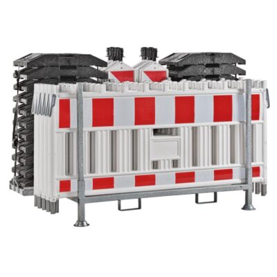 Kombigestell für 10 Absperrschrankengitter, 10 Baken & 22 Fußplatten | Befüllt frontal