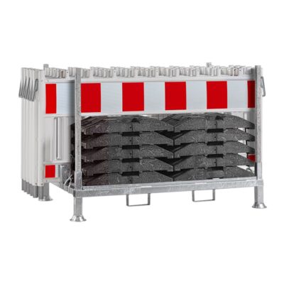 Kombigestell für 10 Absperrschrankengitter & 12 Fußplatten | Befüllt