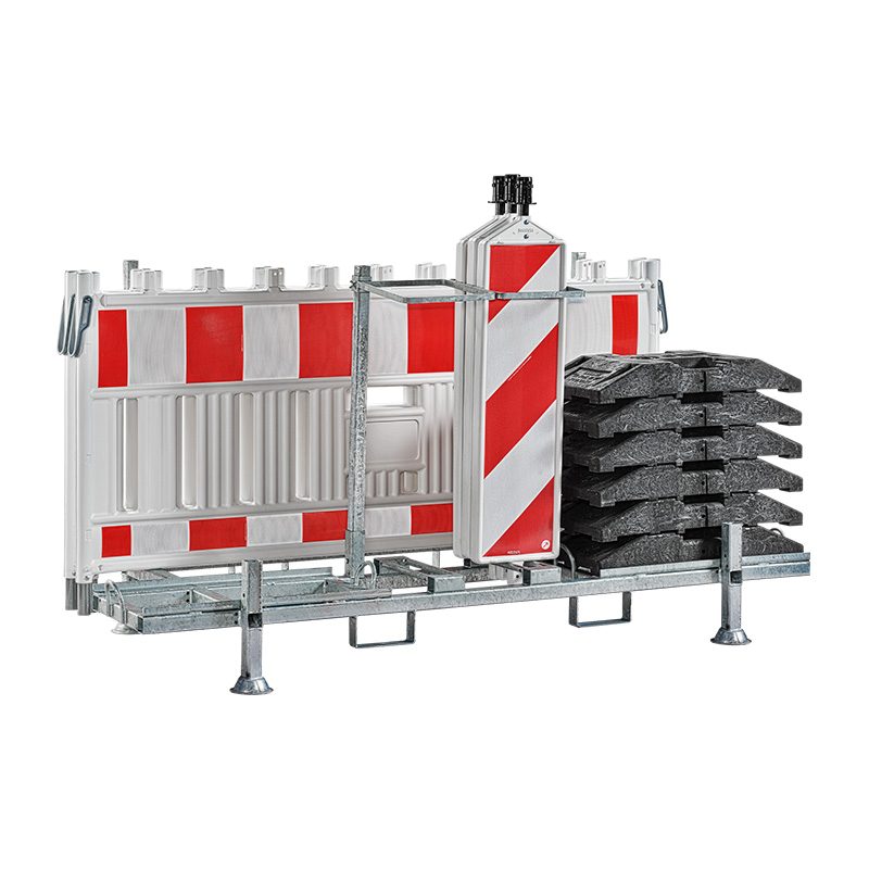 Kombigestell für 10 Absperrschrankengitter, 10 Baken & 22 Fußplatten | teil befüllt