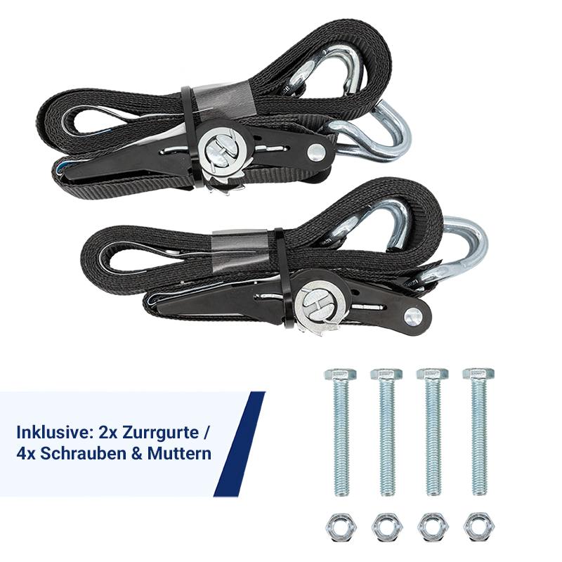 Kombigestell für 10 Absperrschrankengitter, 10 Baken & 22 Fußplatten | Zubehör: Zurrgurte / Muttern & Schrauben inklusive