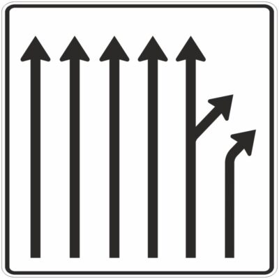 Verkehrszeichen 533-63 Trennungstafel ohne Gegenverkehr, 5-streifig durchgehend und 1-streifig sowie aus dem rechten durchgehenden Fahrstreifen rechts ab | gemäß StVO