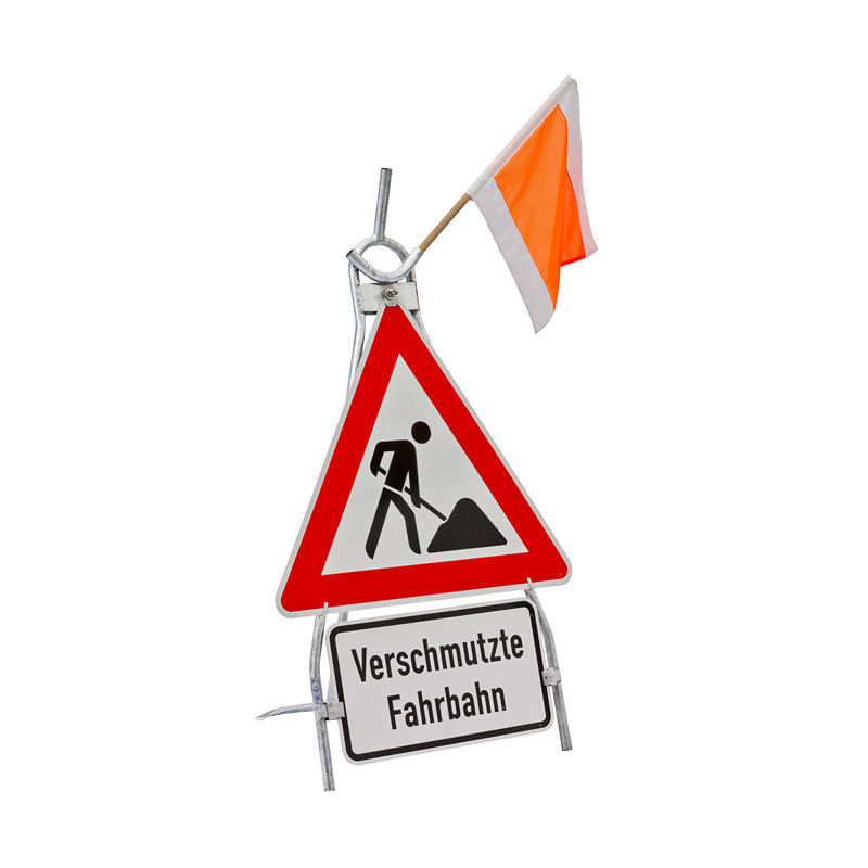Vorwarnständer klappbar, klein oder groß | Anwendungsbeispiel mit Verkehrszeichen und Warnfahne